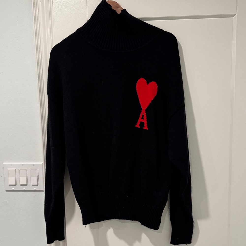 Ami Black Turtleneck Sweater with Red Heart A Motif